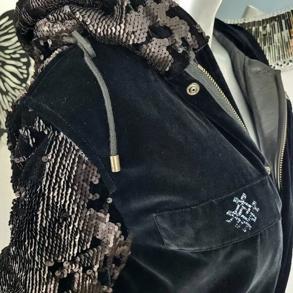 NWT~$2590~MR & MRS ITALY~S/M~BLACK VELVET SEQUIN HOODED PARKA COAT NO FUR
